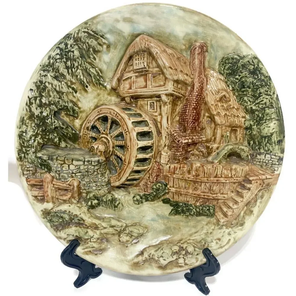 Vintage Chalkware Watermill & Seaport Wall Art Plates 10.5